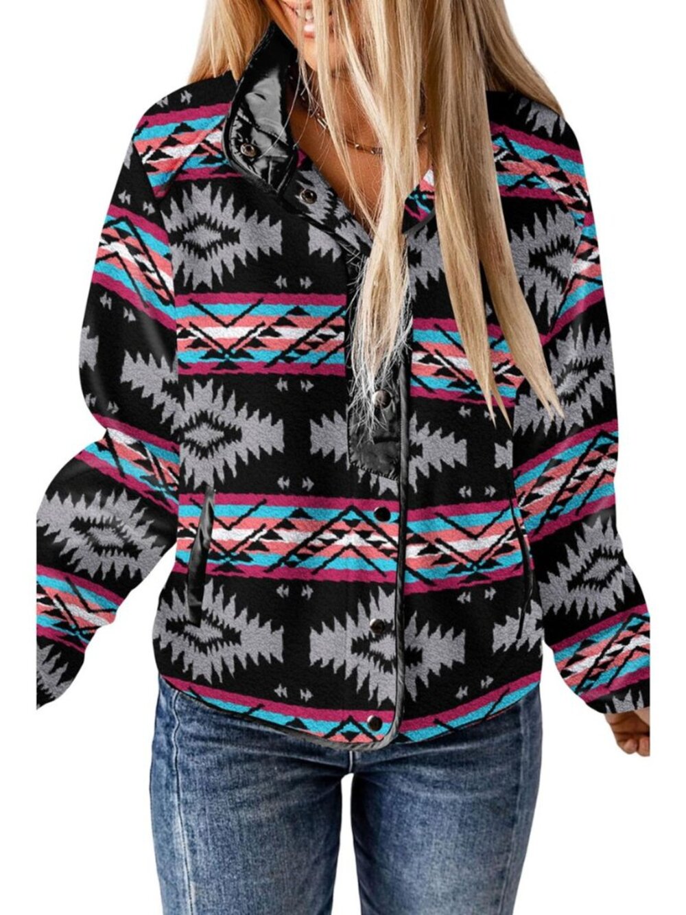 Womens Fleece Jacket Western Aztec Print Snap Button Down Warm Coats